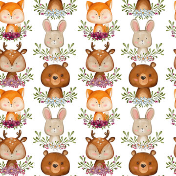 Beautiful forest animals seamless pattern. Watercolor textile animals seamless pattern collection