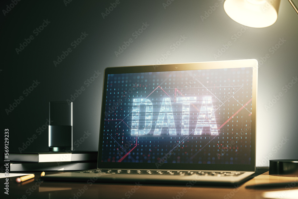 Fototapete creative data word hologram on modern laptop monitor, big data and blockchain concept. 3d rendering