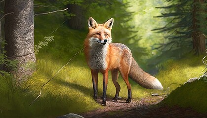  a painting of a fox in a forest looking at the camera with trees in the background and grass in the foreground, and a path leading to the right.  generative ai