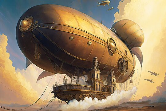 Airships powered by steam engines steampunk style painting. Digital art painting, Fantasy art, Wallpaper. Generative ai.	