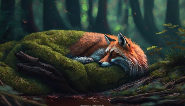  a painting of a red fox sleeping on a mossy rock in a forest with trees and leaves surrounding it, with a green blanket covering over it's head.  generative ai