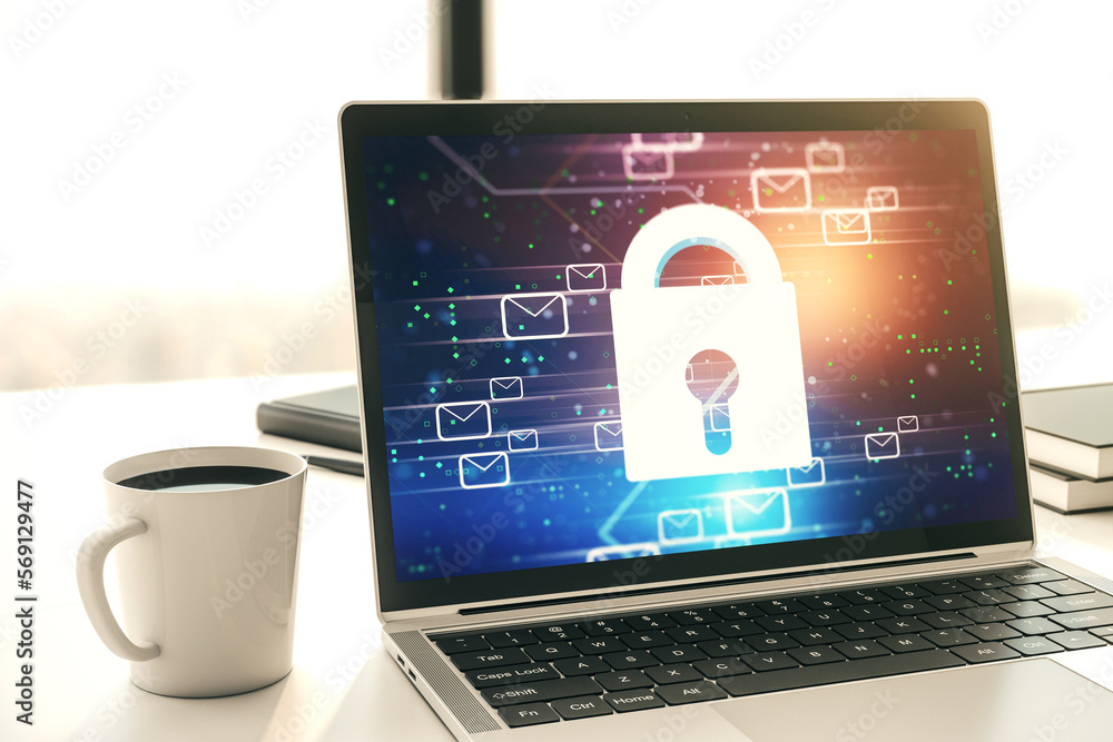 Poster Creative lock sketch with email symbols hologram on modern laptop monitor, protection of personal data concept. 3D Rendering