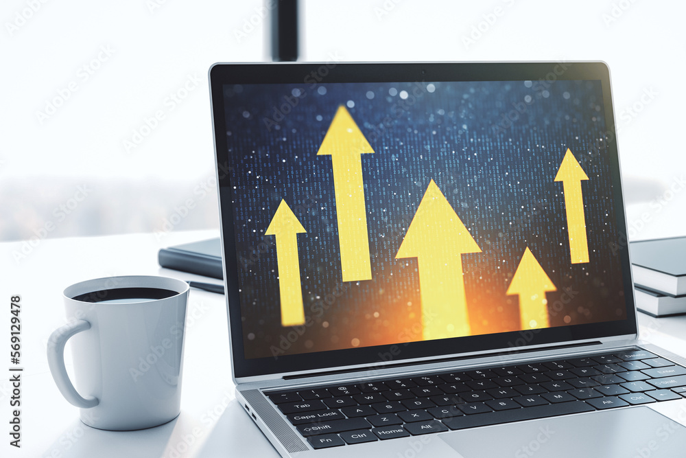 Poster creative abstract upward arrows hologram on modern computer monitor, leadership and motivation conce