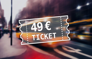 Grafik des 49 Euro Tickets. Das Symbolbild zeigt im Hintergrund unscharf einen Bus im Berufsverkehr - im Vordergrund stilisiert das neue Nahverkehrsticket. - obrazy, fototapety, plakaty