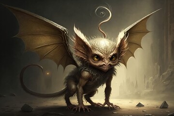 An imp with leathery wings and a barbed tail, who delights in causing mischief and playing tricks on humans. Digital art painting, Fantasy art, Wallpaper