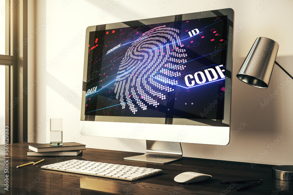 Poster Abstract creative fingerprint illustration on modern laptop monitor, digital access concept. 3D Rendering