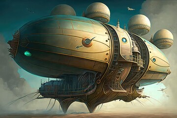 Futuristic dirigibles used for transportation steampunk style painting. Digital art painting, Fantasy art, Wallpaper