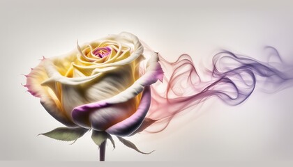 Fototapeta na wymiar a white and pink rose with smoke coming out of it's center and a pink and yellow rose in the middle of the picture. generative ai