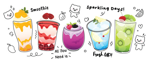 Fresh smoothies and sparkling drinks design with cute doodle decoration. Fruit refreshment and soft drinks in glasses. Vector illustration blended smoothie for logo, ads, promotion, marketing, banner.