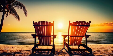 sunset on the beach with chaird made with generated ai