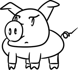 Vector drawing of a small sullen pig. In cartoon style, doodle, sketch, flat, black. Contour, silhouette. On white background, isolated. Animals, pigs, pets, farm, nature, symbol, piglet.cute.