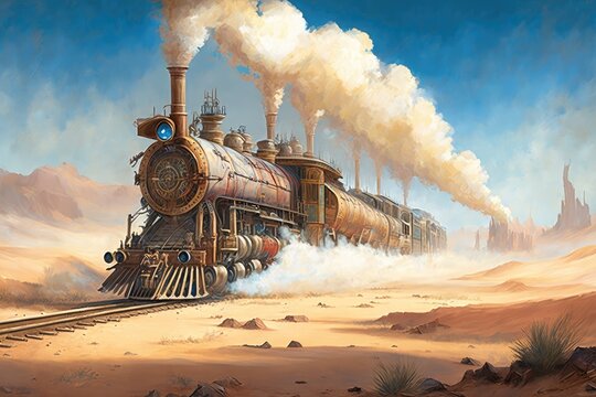Steam-powered trains crossing vast deserts steampunk style painting. Digital art painting, Fantasy art, Wallpaper