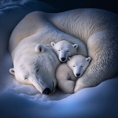 Obraz na płótnie Canvas A polar bear mother snuggling with her cubs on the icy tundra