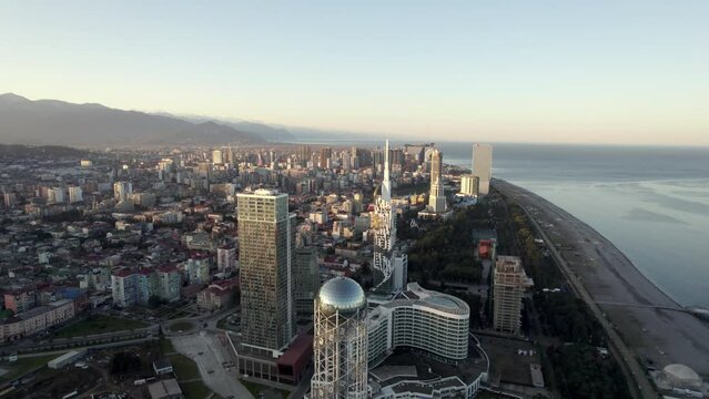 Batumi, Georgia - January 19 2023: Aerial view of the coast of Batumi. Tourist center, Alphabetic tower.