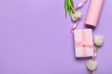Obraz na płótnie Canvas Composition with gift box, wrapping paper and tulip flowers on color background. Women's Day celebration