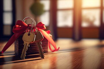 Concept of buying a home. A bunch of keys tied with a red ribbon on a wooden table. Generative AI