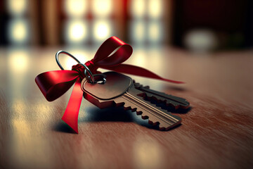 Concept of buying a home. A bunch of keys tied with a red ribbon on a wooden table. Generative AI