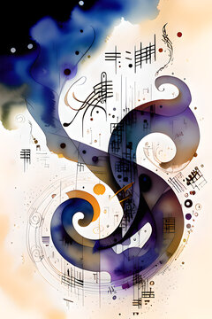 Treble clef, music notes sheet, watercolour, Morse code, abstract art, Sumi-e ink, hemp paper. Generative AI