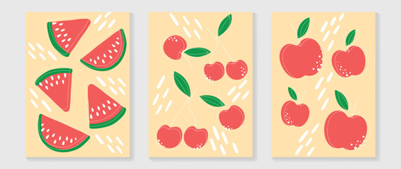 Fresh fruit wall art background vector set. Tropical fruit of watermelon, cherry and apple with comic dot and line texture. Spring and summer season design for home decor, interior, wallpaper, fabric.