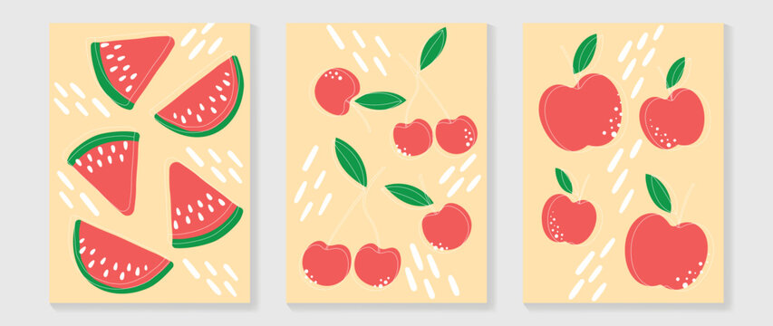 Fresh fruit wall art background vector set. Tropical fruit of watermelon, cherry and apple with comic dot and line texture. Spring and summer season design for home decor, interior, wallpaper, fabric.