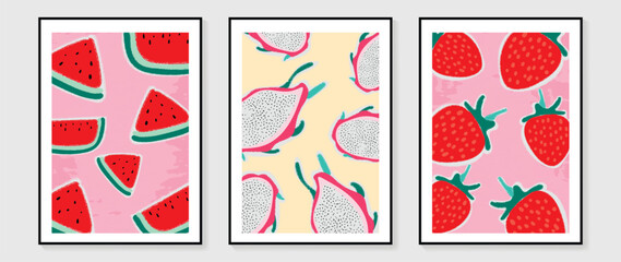 Fresh fruit wall art background vector set. Tropical fruit watercolor texture of watermelon, dragon fruit and strawberry. Spring and summer season design for home decor, interior, wallpaper, fabric.