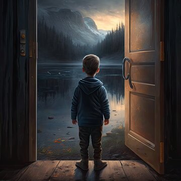 Stepping Into The Light: Child Opens Door In Dark Place, Generative AI