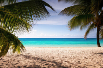 Fototapeta na wymiar the perfect beach with palm trees in the tropics and clear blue ocean vibes 