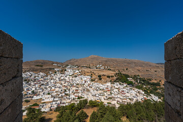 Aerial view of the town of Lindos in Rhodes, Greece