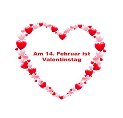Karte mit Herz und viele Herzen zum Valentinstag,
Am 14. Februar ist Valentinstag, Erinnerung mit Text in deutsch,
Vektor Illustration isoliert auf weißem Hintergrund
