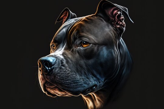 a realistic depiction of a pit bull dog's head in black, seen here gazing pensive against a nighttime Generative AI