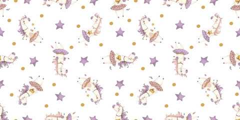 Cute seamless unicorn, stars, polka dot neutral pastel pattern on white background for kids, baby apparel, fabric, textile, wallpaper, bedding, swaddles with unicorn