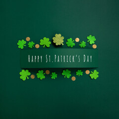 Green Clover Leaves Shamrocks on Green Background. St. Patrick's Day Holiday Concept. - obrazy, fototapety, plakaty