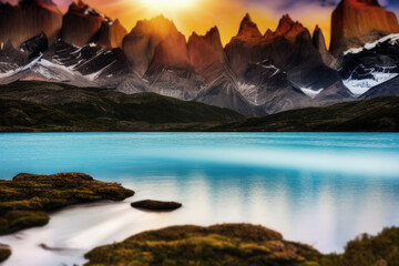 hiking to the lake in the morning sunrise beautiful orange sky above peaks