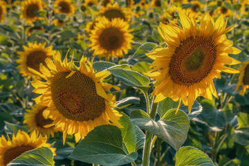 Fototapeta na wymiar Beautiful sunflowers in the field at sunset. Among other things Ukraine is known for its endless fields of sunflowers.