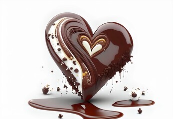 Chocolate melted heart dark and milk chocolate with splash isolated on white background copy space. Generative ai.