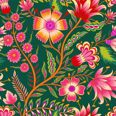 Fototapeta na wymiar Beautiful floral romantic seamless pattern in Jacobean style.The ornament is also inspired by Mughal art.The design depicts a bunch of fantasy flowers a textile Indian style.