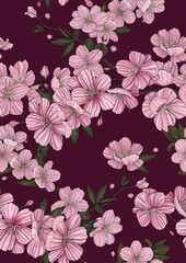 Floral seamless pattern. Background of cherry blossom branches. Sakura. Hand-drawn