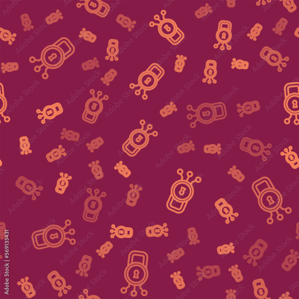 Poster brown line cyber security icon isolated seamless pattern on red background. closed padlock on digita