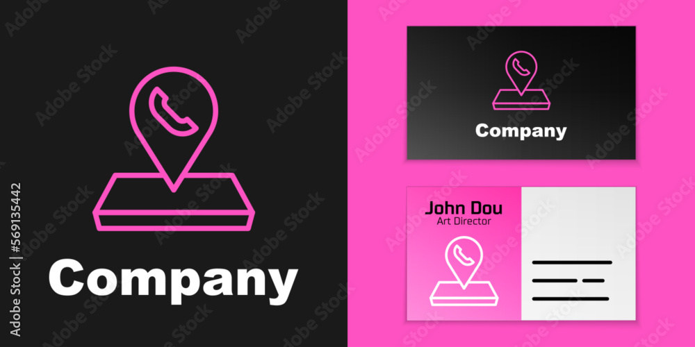 Poster pink line map pointer with telephone or communication icon isolated on black background. call center