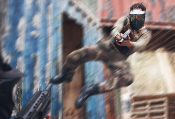 Paintball, aim and man jumping with gun on outdoor battlefield for game, training or practice....