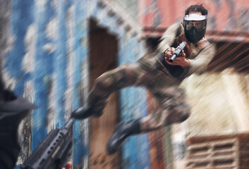 Paintball, aim and man jumping with gun on outdoor battlefield for game, training or practice....