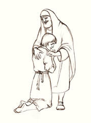 Pencil drawing. Father hugging the prodigal son