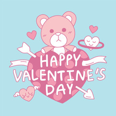 Happy Valentine's Day with hand drawing styles. Banner Doodle of Valentine's Day. Pink bear hug big heart with heart around.