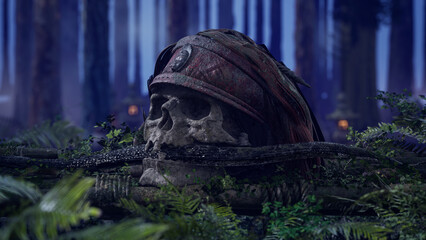 Pirate human skull with snake and ancient ruins in the jungle, exploration and adventure concept. 3d rendering