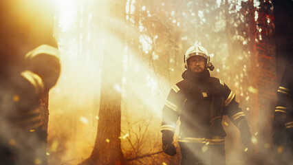 Multicultural Group of Firefighters Walking in a Smoked Out Forest with Spreading Wildland Fire....