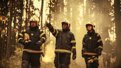 Portrait of a Diverse Group of Brave Wildfire Hotshots Walking in a Smoke-Filled Forest,...