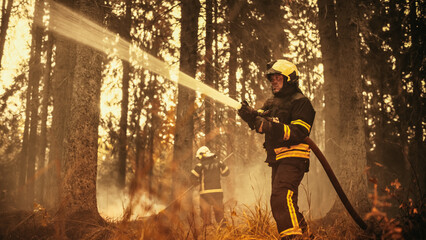 Experienced Firefighter Extinguishing a Wildland Fire Deep in a Forest. Professional in Safety...