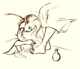 A woman washes the feet of Christ. Pencil drawing