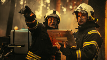 Portrait of Two Professional Firefighters Standing Next to an All-Terrain Vehicle, Using Heavy-Duty Laptop Computer and Figuring Out a Best Strategy for Extinguishing the Wildland Fire. © Gorodenkoff