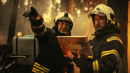 Portrait of Two Professional Firefighters Standing Next to an All-Terrain Vehicle, Using Heavy-Duty...